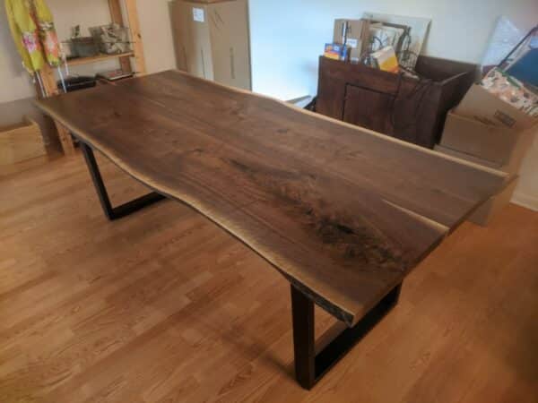 Dining table with metal base.